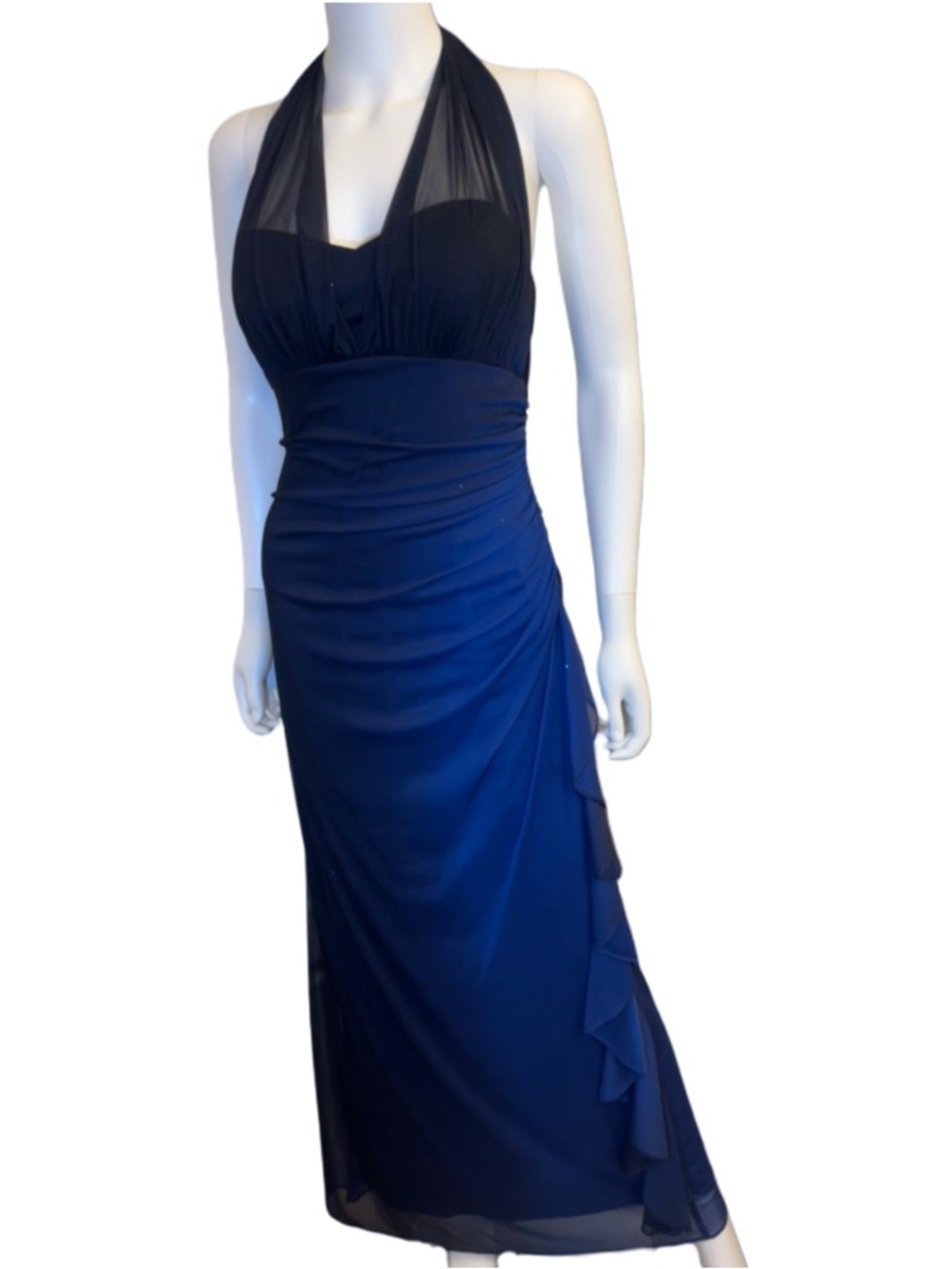 VTG Y2K Blondie Nites Royal and Navy Blue Ombré Halter Gown with Side Ruffle